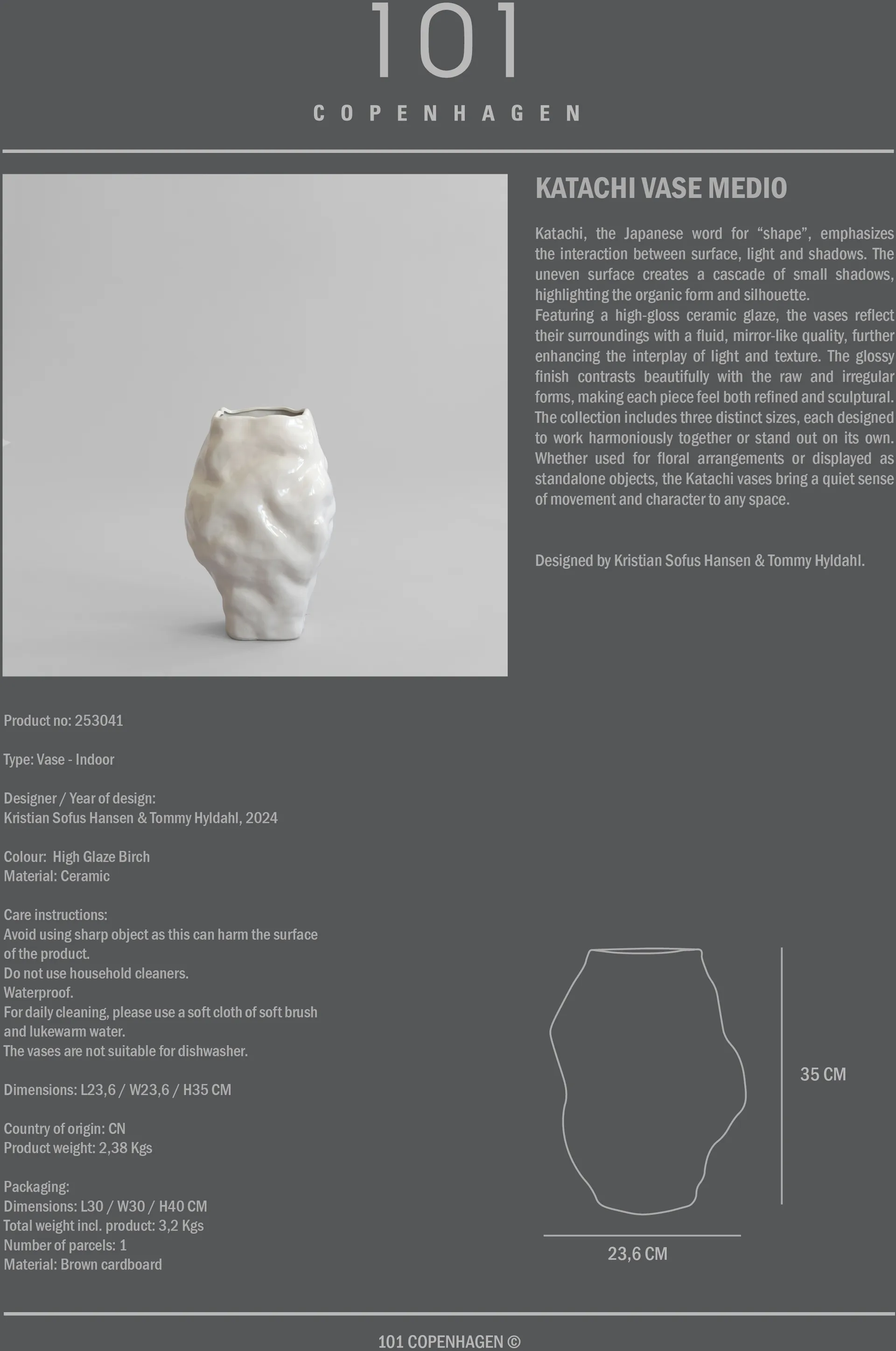 Katachi Vase medio, High glaze birch 101 Copenhagen