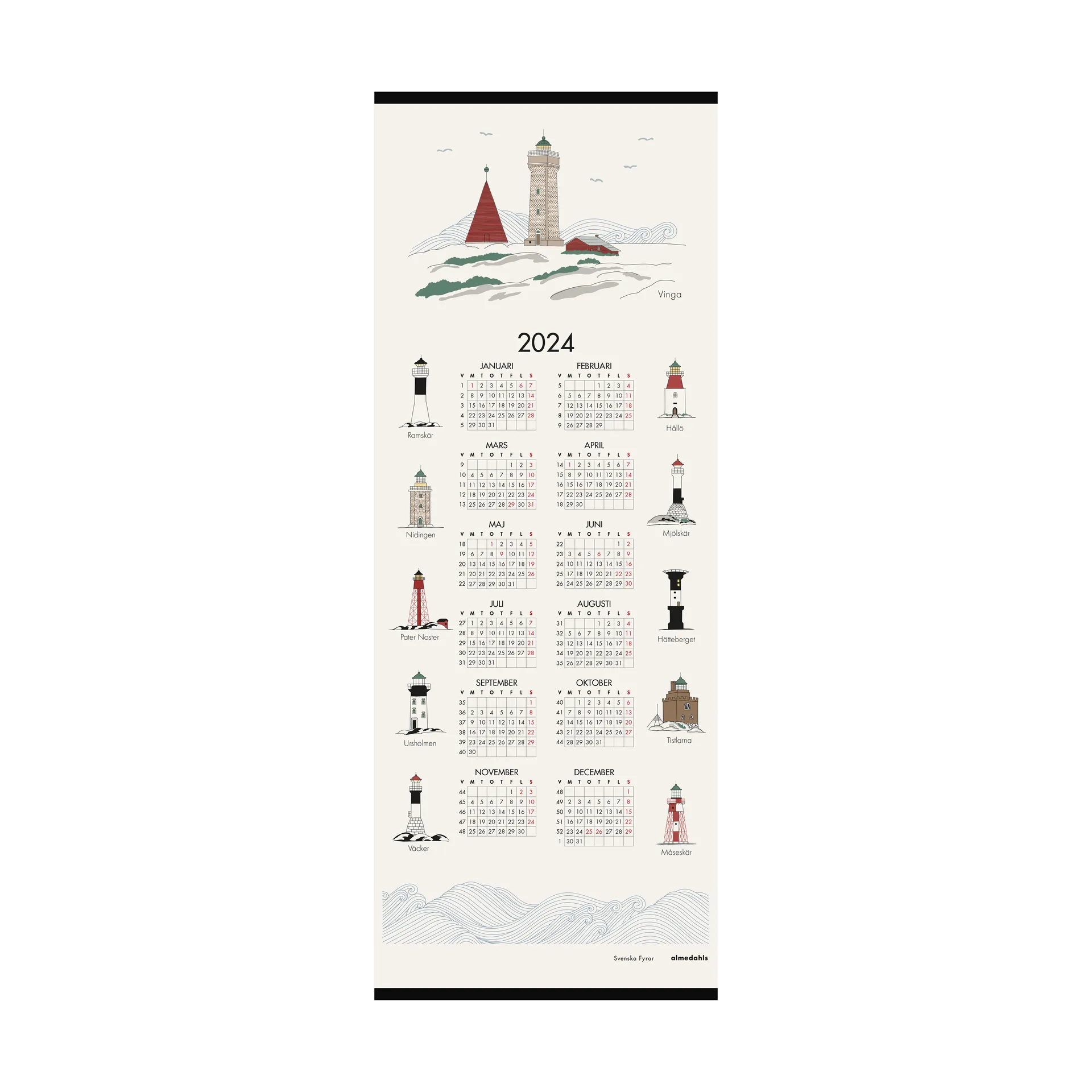 Schwedische Leuchttürme Kalender 2024, 35 x 90cm Almedahls