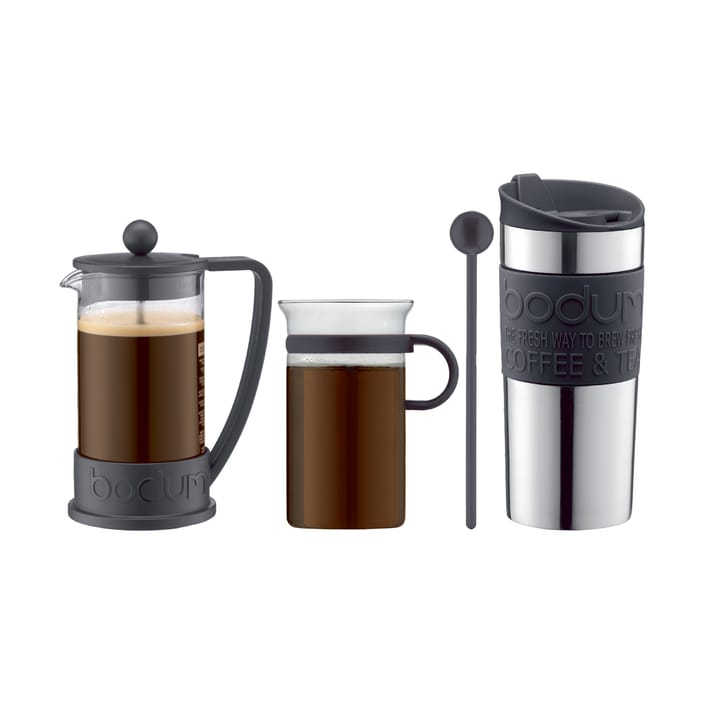 Kaffeset mit Stempelkanne, Tasse, Reisebecher und Löffel, Schwarz Bodum