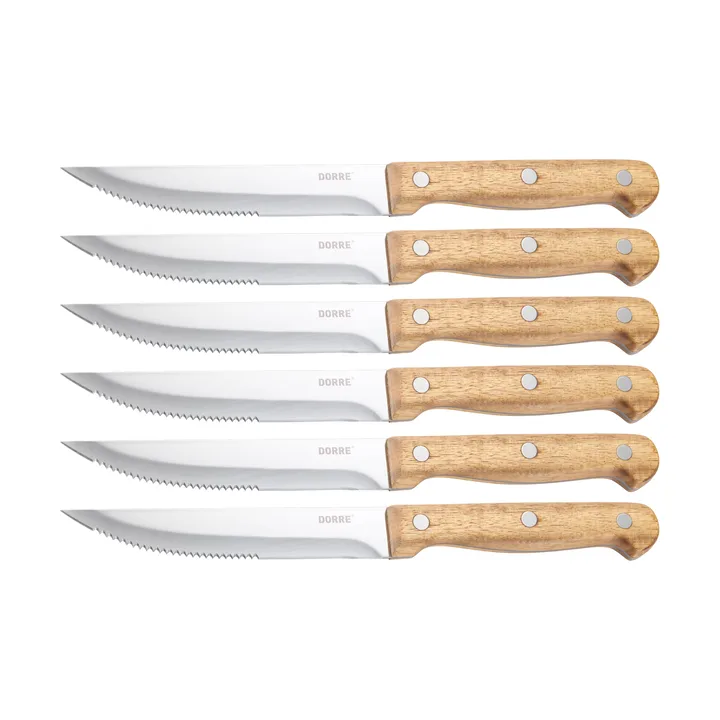 BBQ Steakmesser - Edelstahl, 6-teilig, Akazien-Holzbox, 22,5×2 cm - Dorre