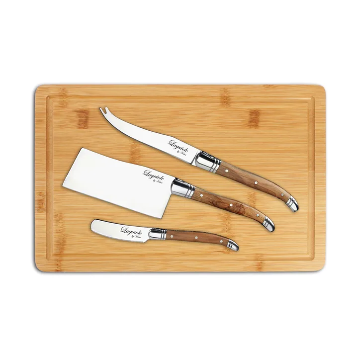 Laguiole By Hâws Käsemesserset mit Schneidebrett 4-teilig - Bambu-Olivholz-Edelstahl - Hâws