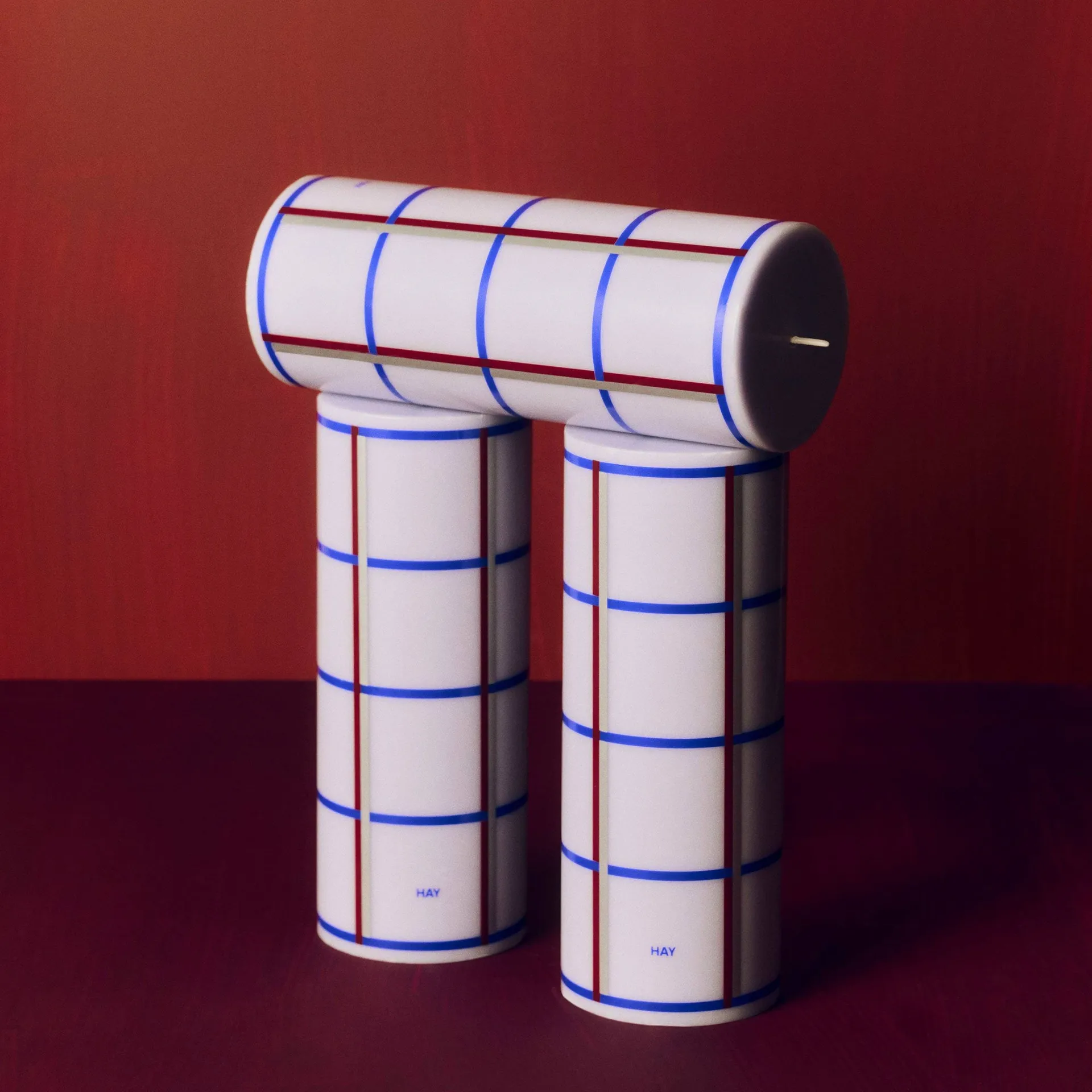 Column Candle Blockkerze medium 20 cm, Light blue, blue, bordeaux and silver HAY