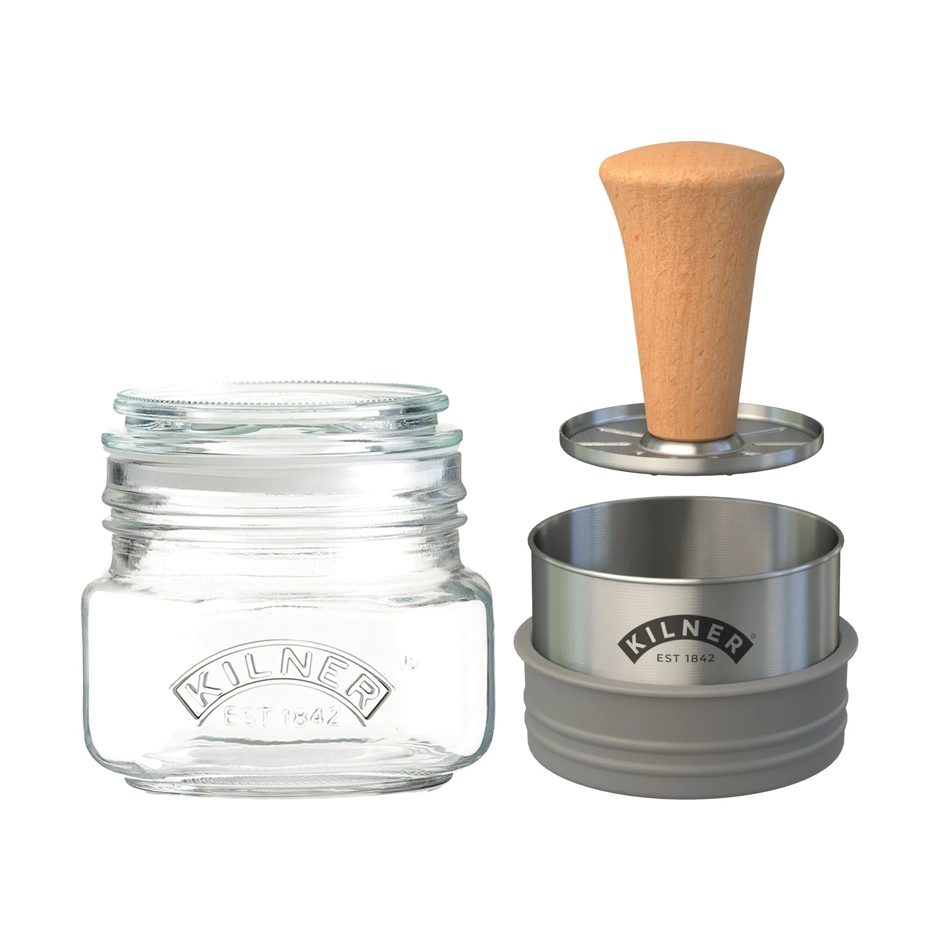 Kilner Mash & Store Aufbewahrungsglas-Set, Klar-rostfreier Stahl-Holz, 0,5 l Kilner