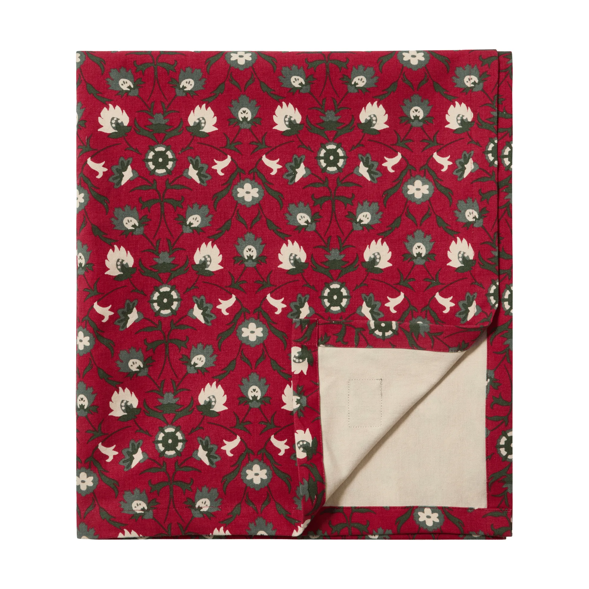 Flower Print Bio-Baumwolle Tischdecke, Rot-Beige-Grün, 150x350 cm Lexington
