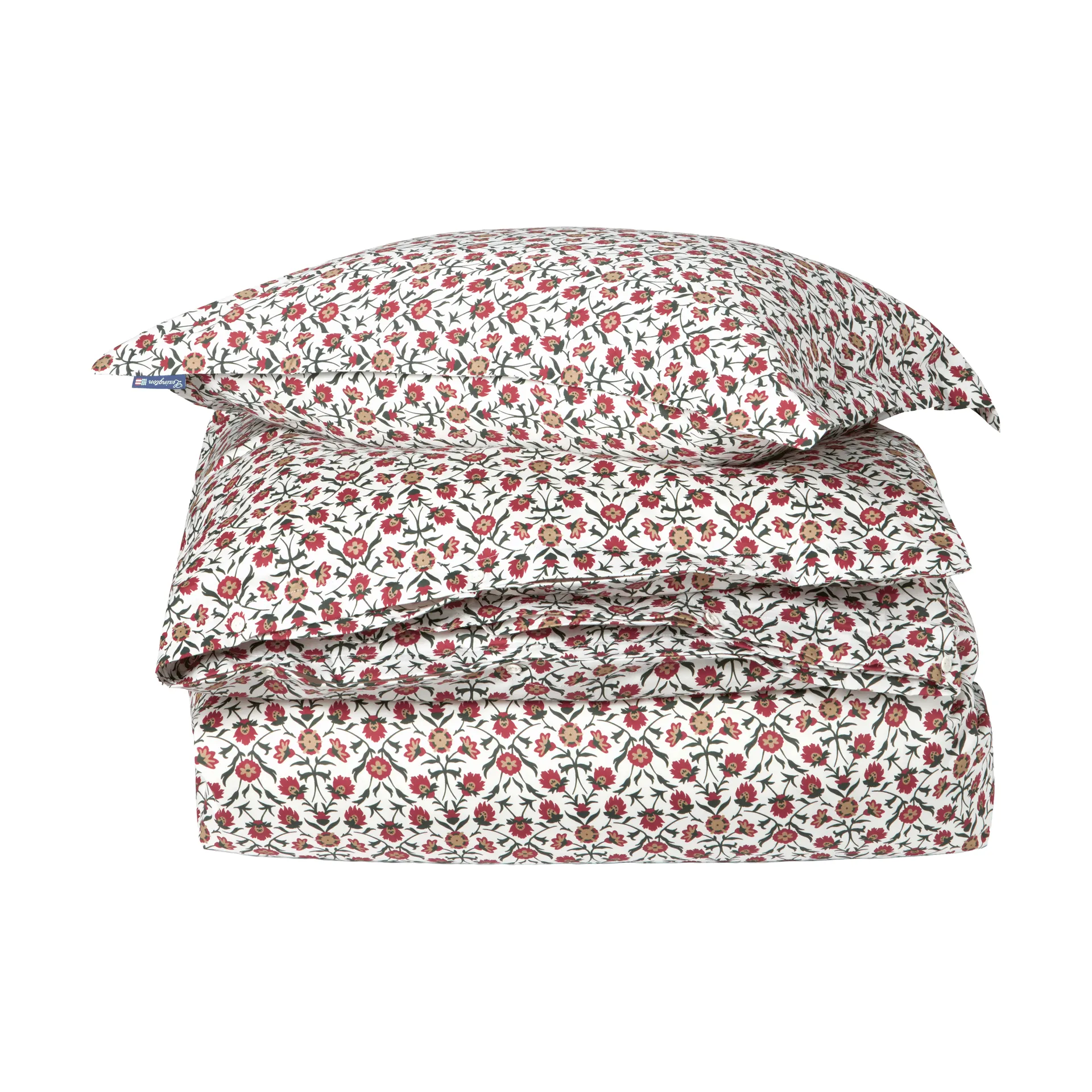 Flower Printed Cotton Satin Bettwäsche-Set, Weiß-Rot-Grün-Beige, 2 St 50x60 cm/1 St 220x220 cm Lexington