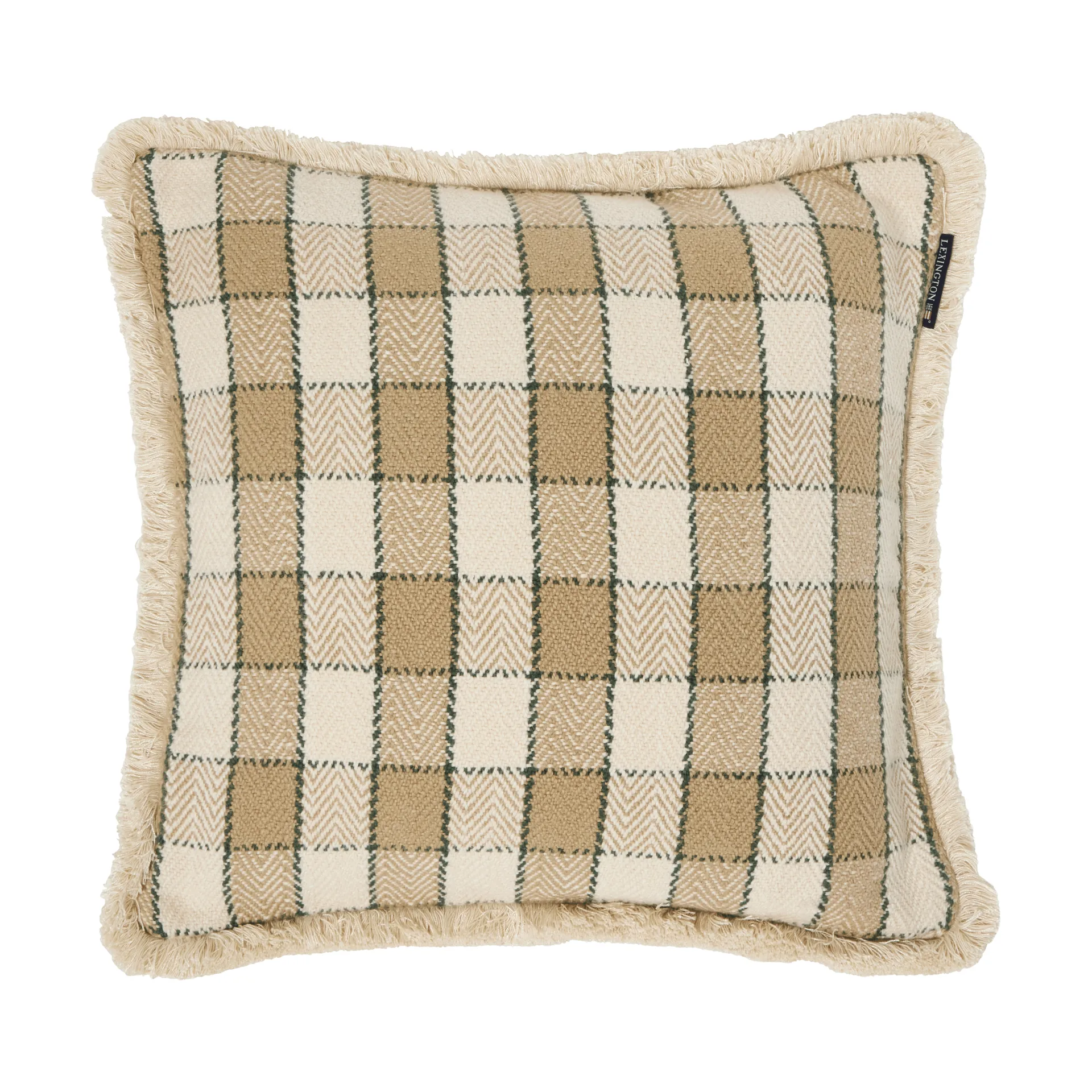 Kariertes Kissenbezug aus Bio-Baumwolle mit Fransen, Beige-Hellbeige-Grün Lexington
