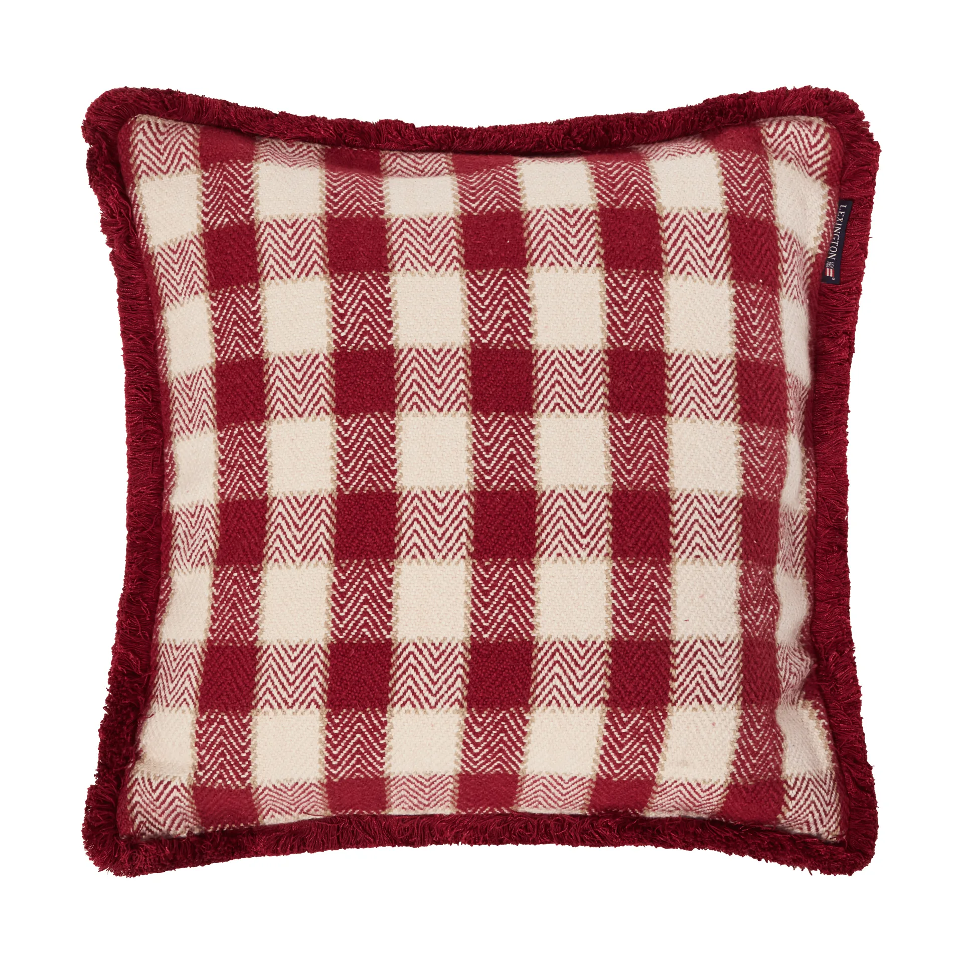 Kariertes Kissenbezug aus Bio-Baumwolle mit Fransen, Rot-Hellbeige-Beige Lexington