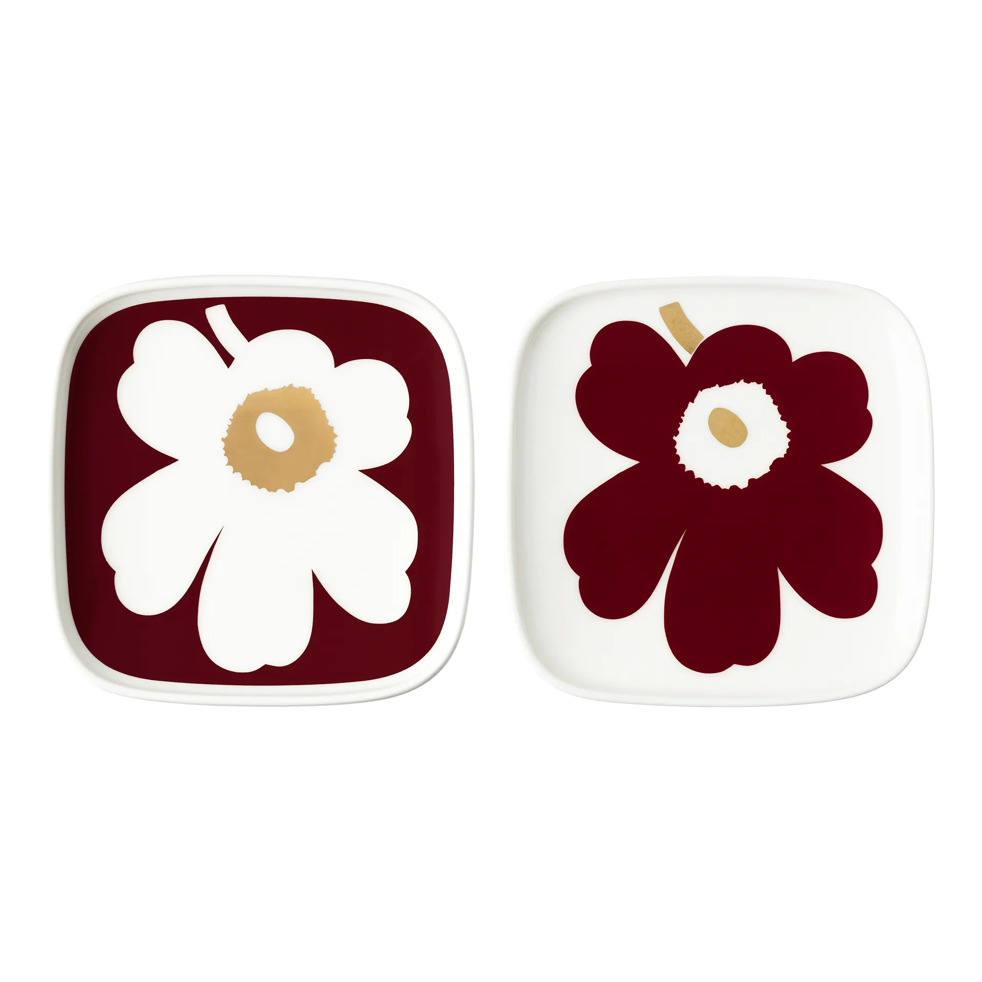 Juhla Unikko Teller 10 x 10cm 2er Pack, Weiß-weinrot-gold Marimekko
