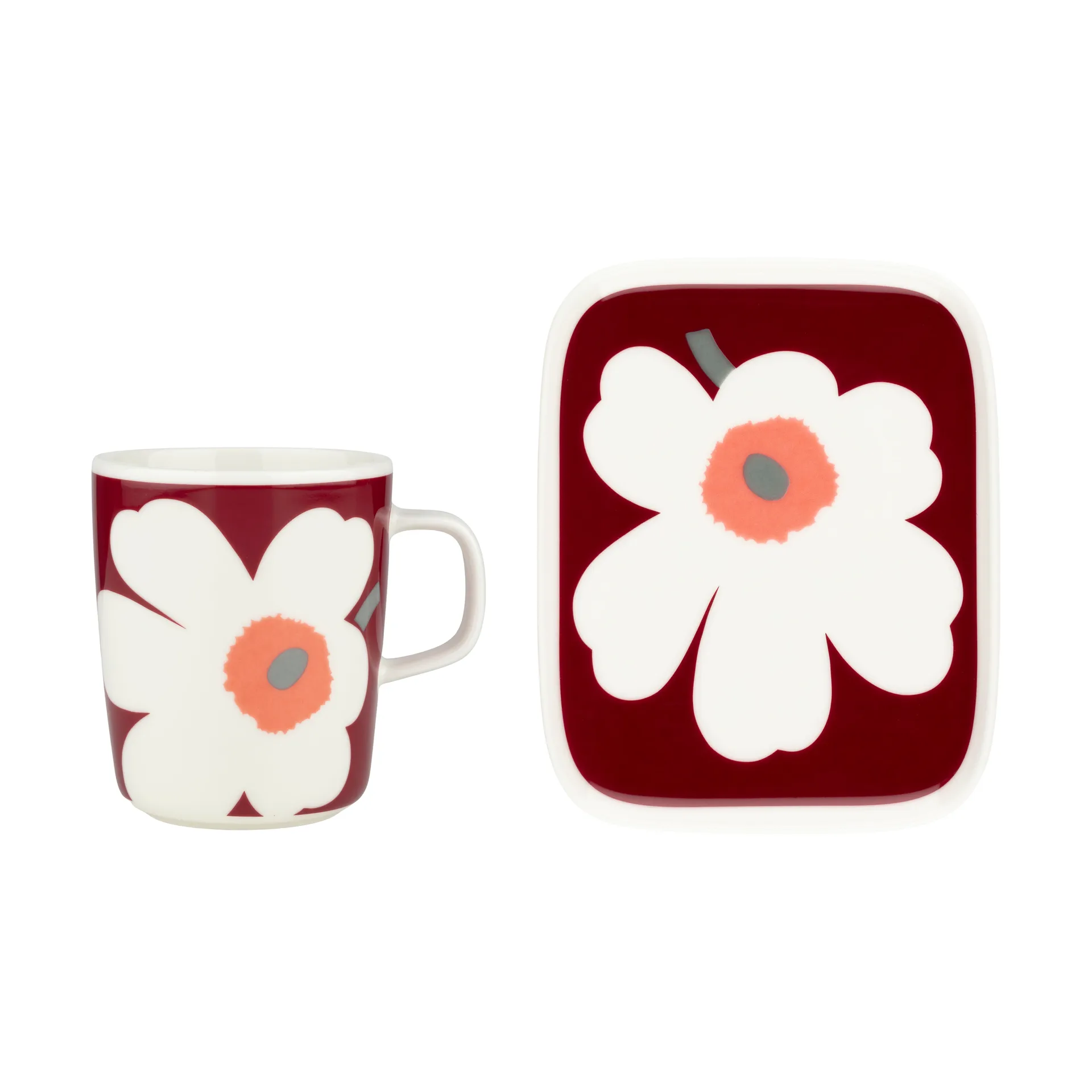 Unikko 60-Jahre Jubiläum Tasse 25 cl + Teller 12x15 cm, White-dark cherry-ash grey Marimekko