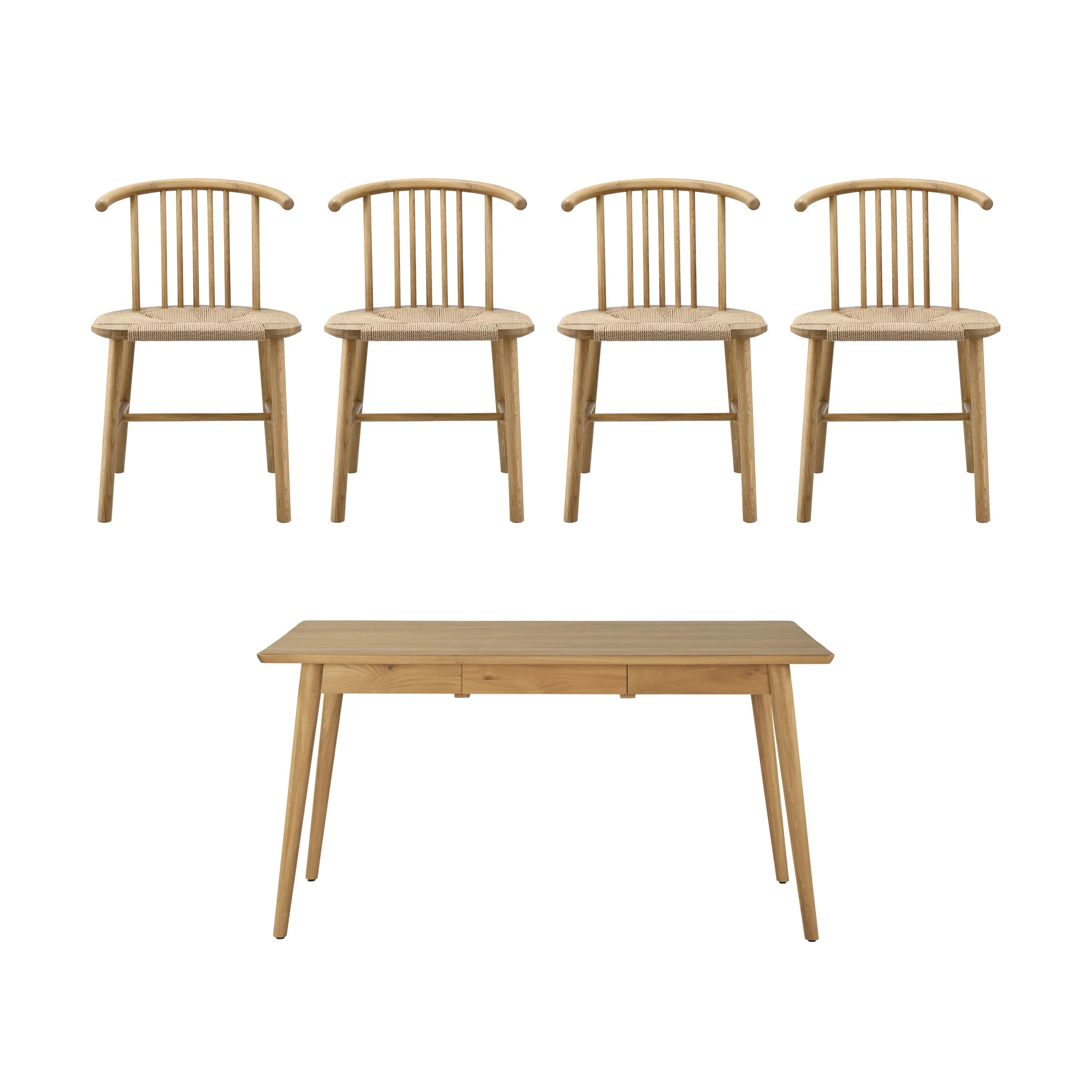 VIOR Esstisch 120 cm + Stuhl 4‑Pack – Lackierte Eiche‑Natur,  NJRD