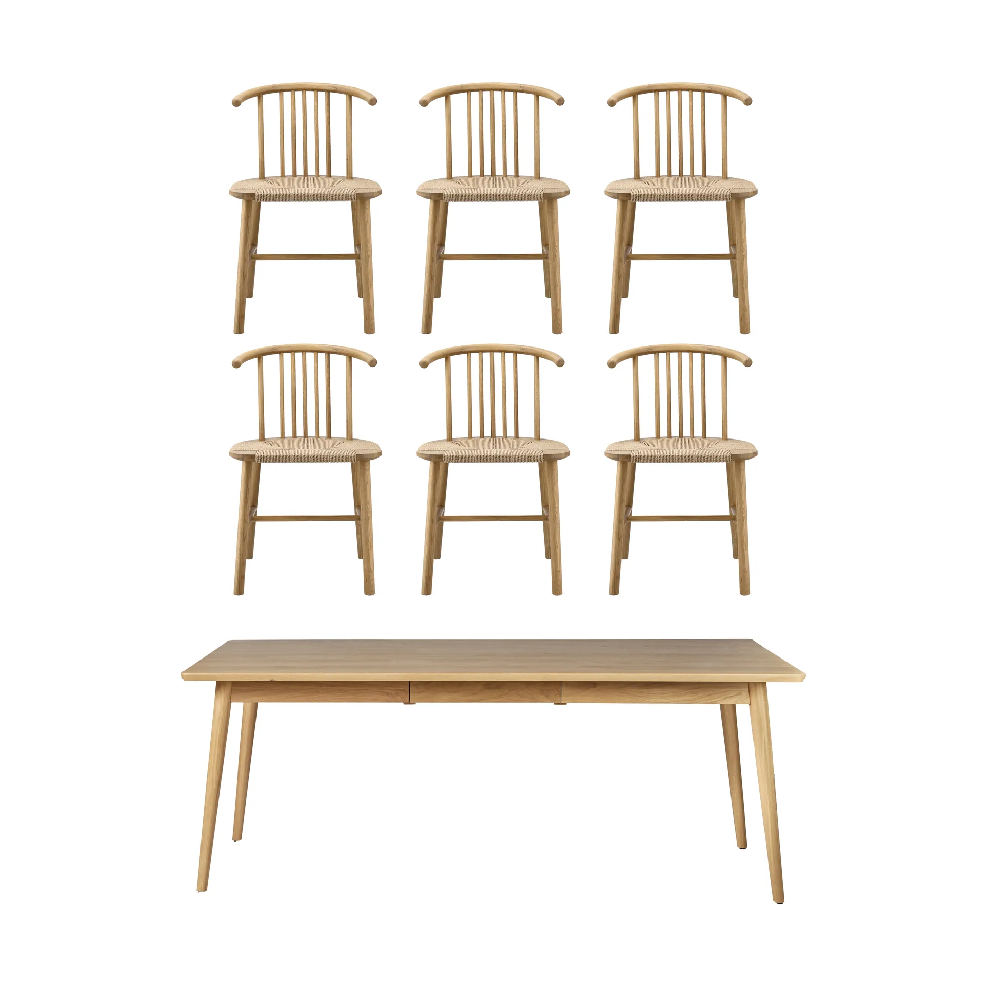 VIOR Esstisch 200 cm + Stuhl 6‑er‑Pack – Lackierte Eiche‑Natur NJRD