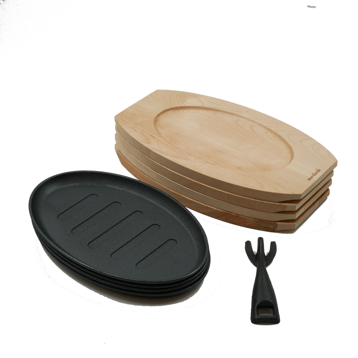Gusseisenteller mit Untersetzer 4er-Pack & Gabel, Holz-gusseisen Nordwik
