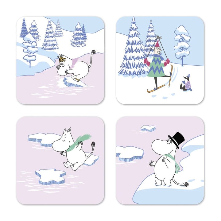 Mumin Glasuntersetzer Winter 2022 9 x 9cm 4er Pack - Blau-Weiß-Rosa - Opto Design