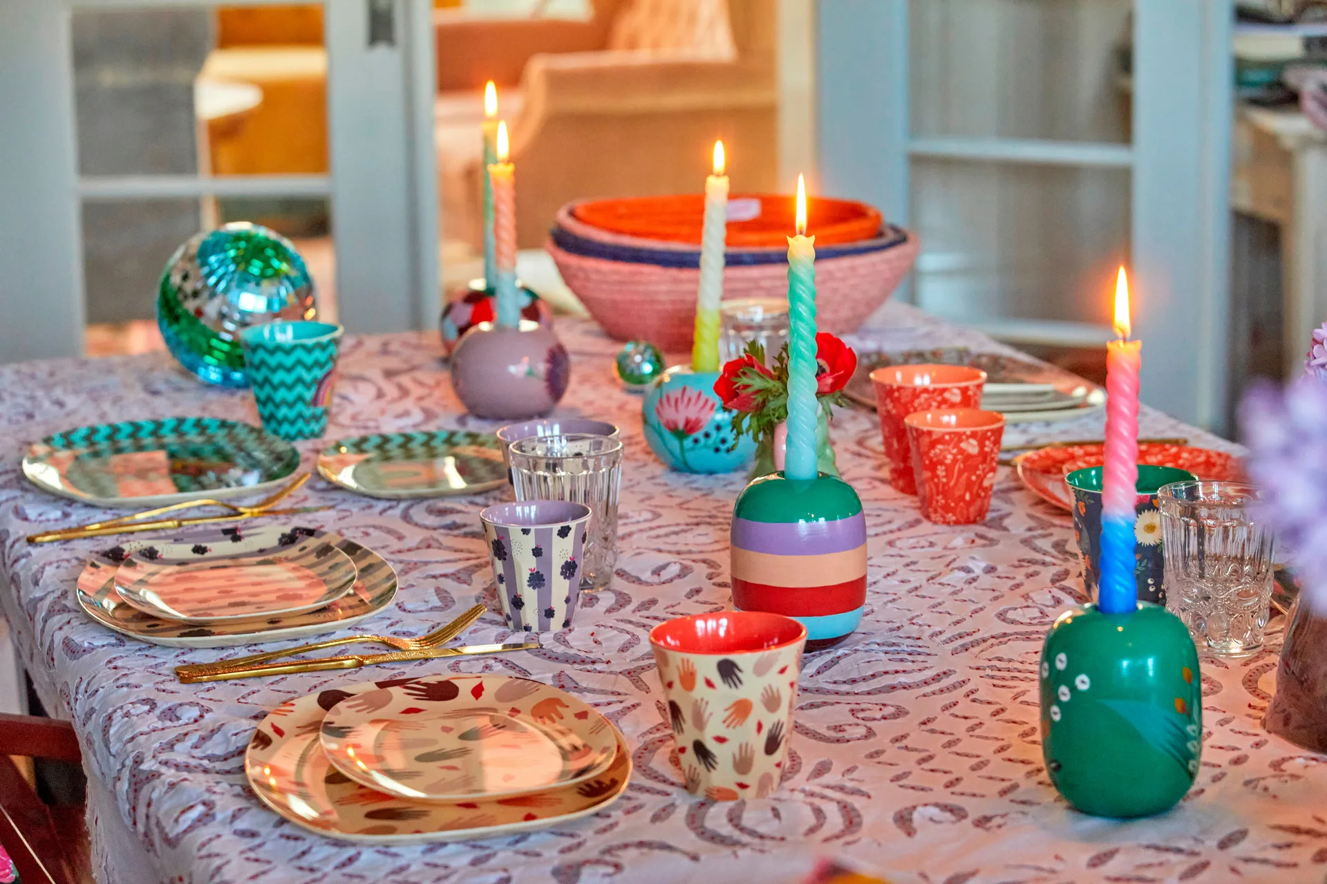 Rice Kerzenhalter Ø8,5cm, Green-handpainted flowers RICE