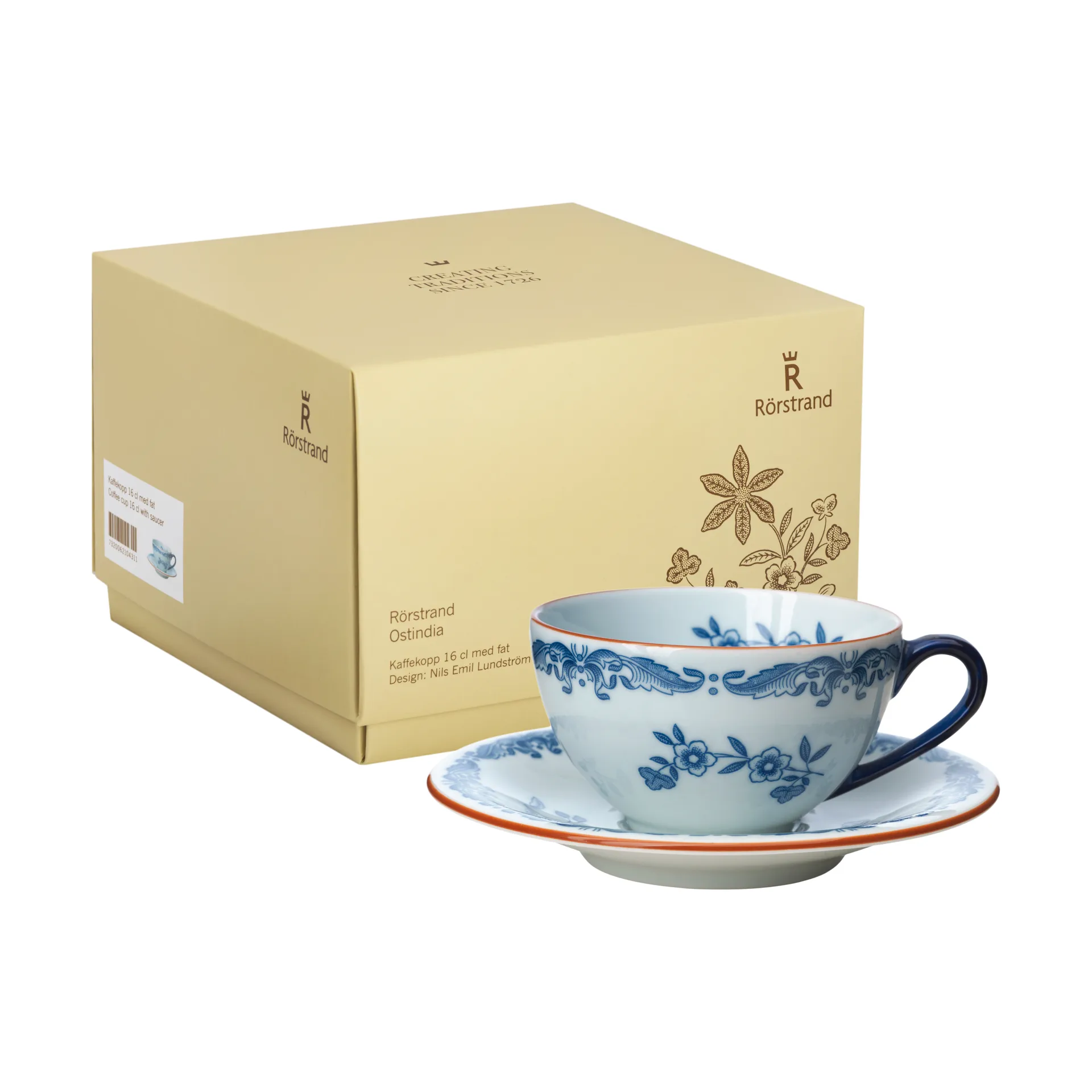 Ostindia Tasse mit Untertasse 16 cl Geschenkverpackung, Blau-Weiß Rörstrand
