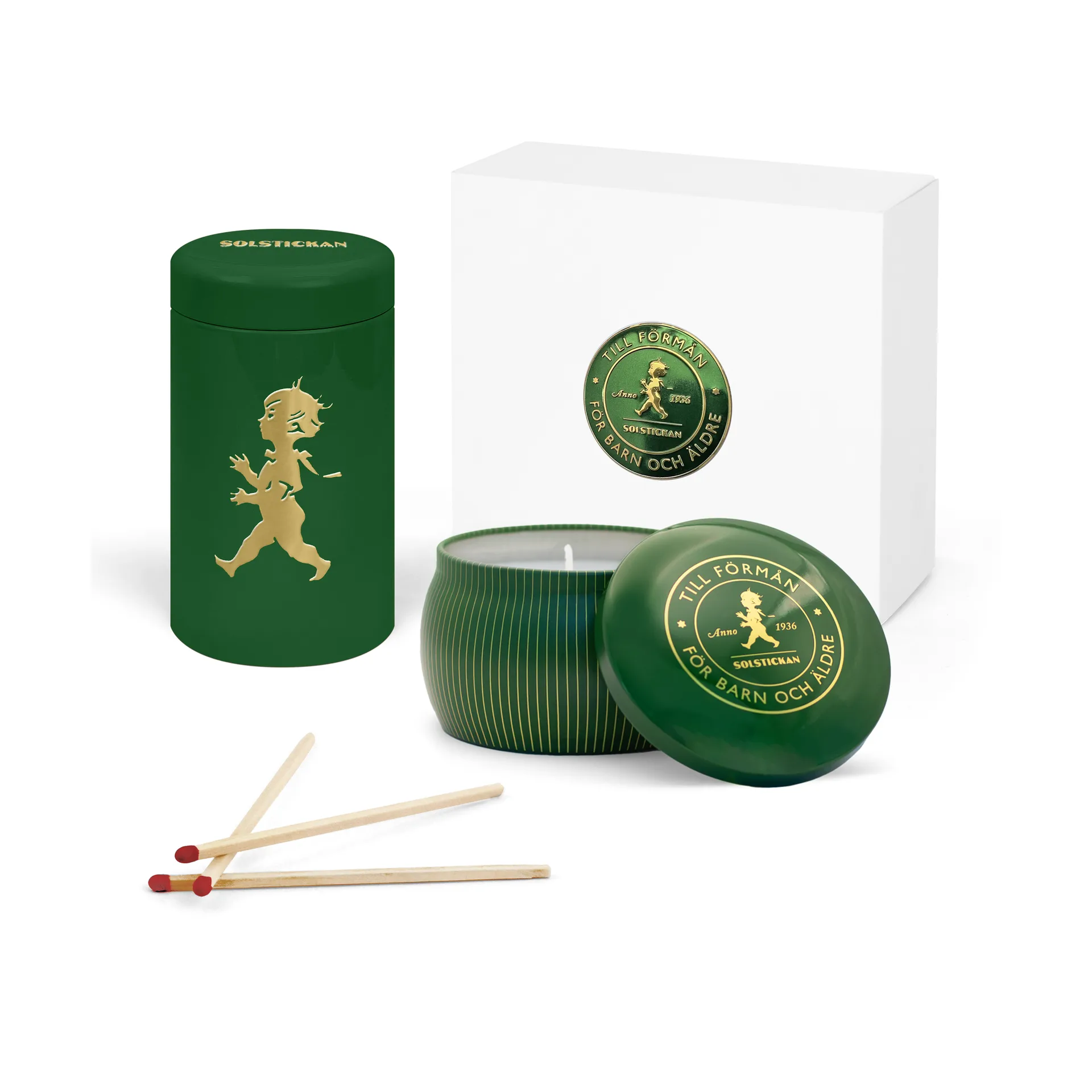 Solstickan Geschenkbox Duftkerze + Streichholzschachtel, Grün-Duftkerze Nadelwald Solstickan Design