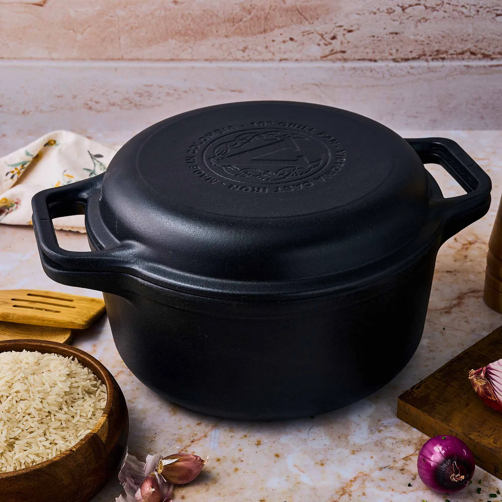 Combo Cooker Gusseisen-Topf-Pfannen-Set 2 Teile, Schwarz Victoria