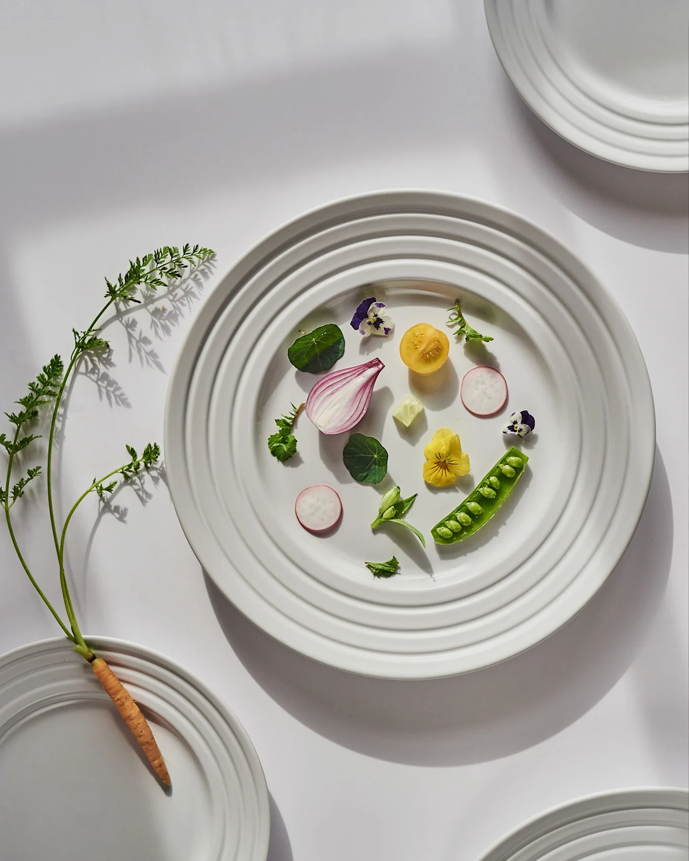 Weißer Teller mit frischem Gemüse: rote Zwiebel, Tomate, Radieschen, Erbsen und essbare Blüten. Eine Karotte mit Grün liegt daneben.