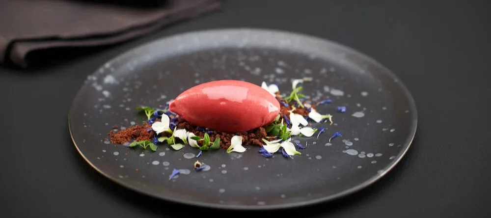 Rote Sorbetschaufel auf Schokoladenkrümeln mit weißen und blauen essbaren Blüten, serviert auf einem dunklen, gesprenkelten Teller.