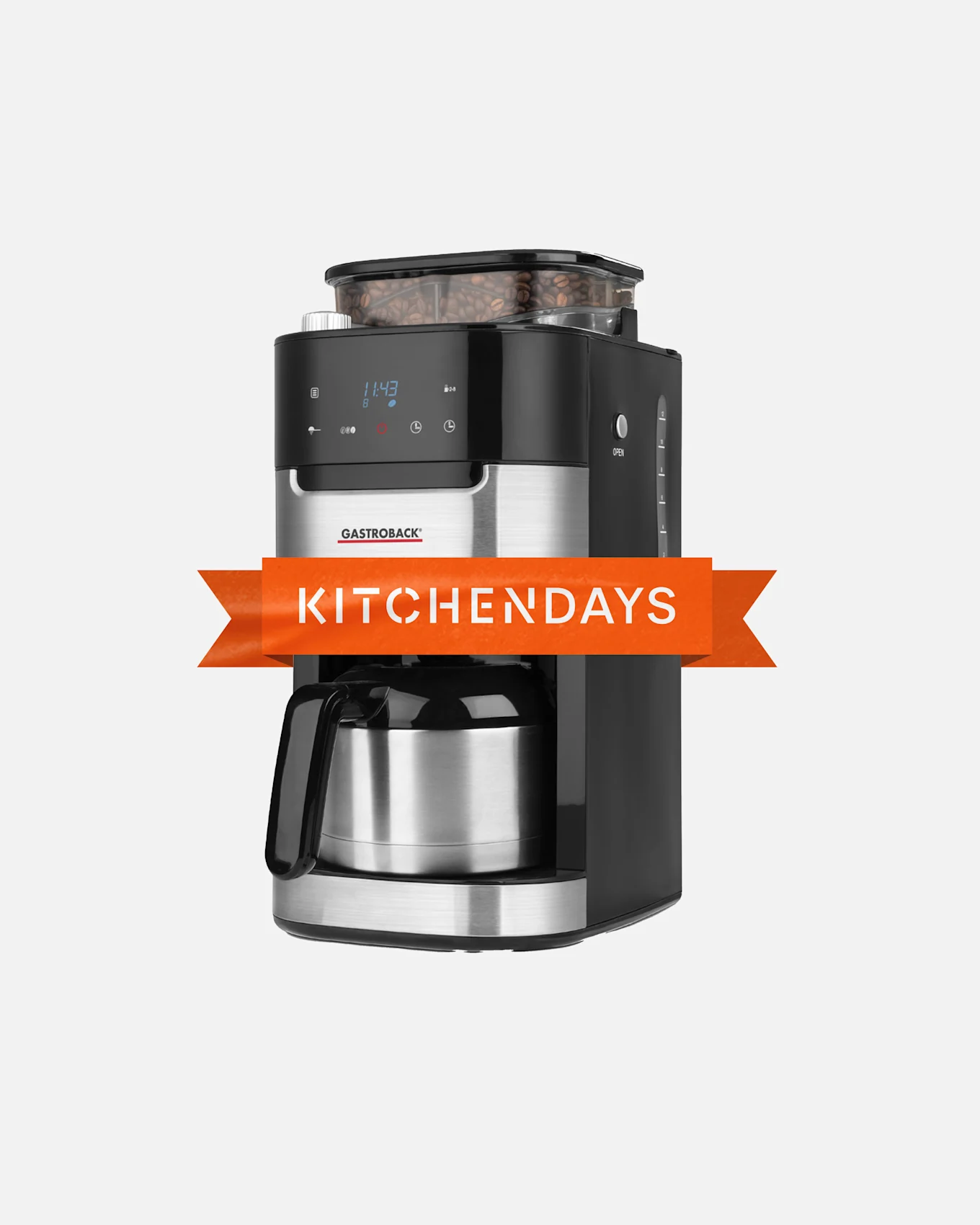 Schwarz-silberne Kaffeemaschine mit sichtbaren Kaffeebohnen und 'KITCHENDAYS'-Banner.